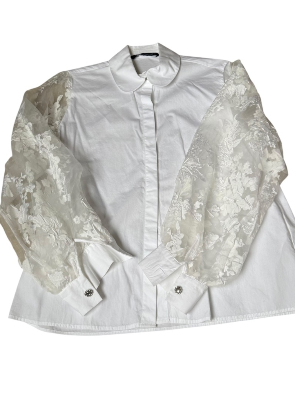 ZARA White Button Down Collar Shirt with balloon embroidered sleeve ornate butto